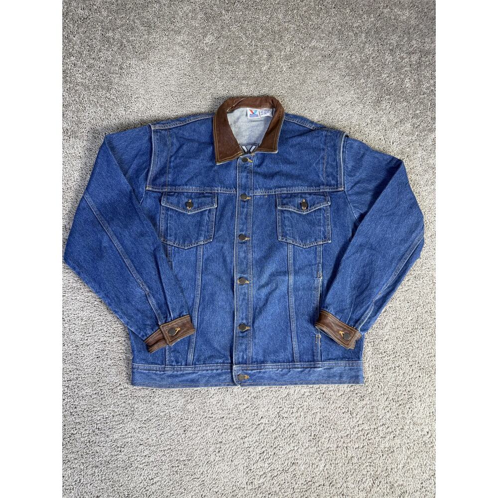 Vintage Valvoline Jacket Mens XL Blue Denim Bomber Lined Leather Collar Logo